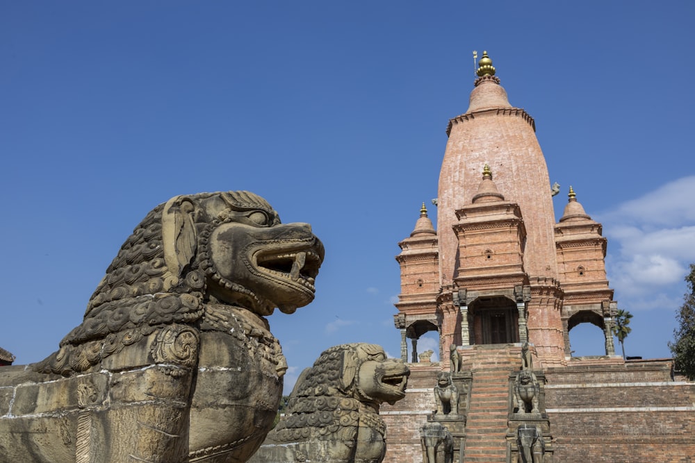 uma estátua de leão de pedra na frente de um edifício