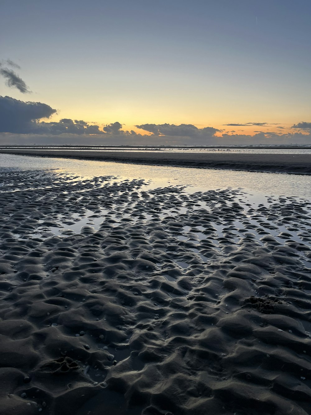 el sol se está poniendo sobre el agua en la playa