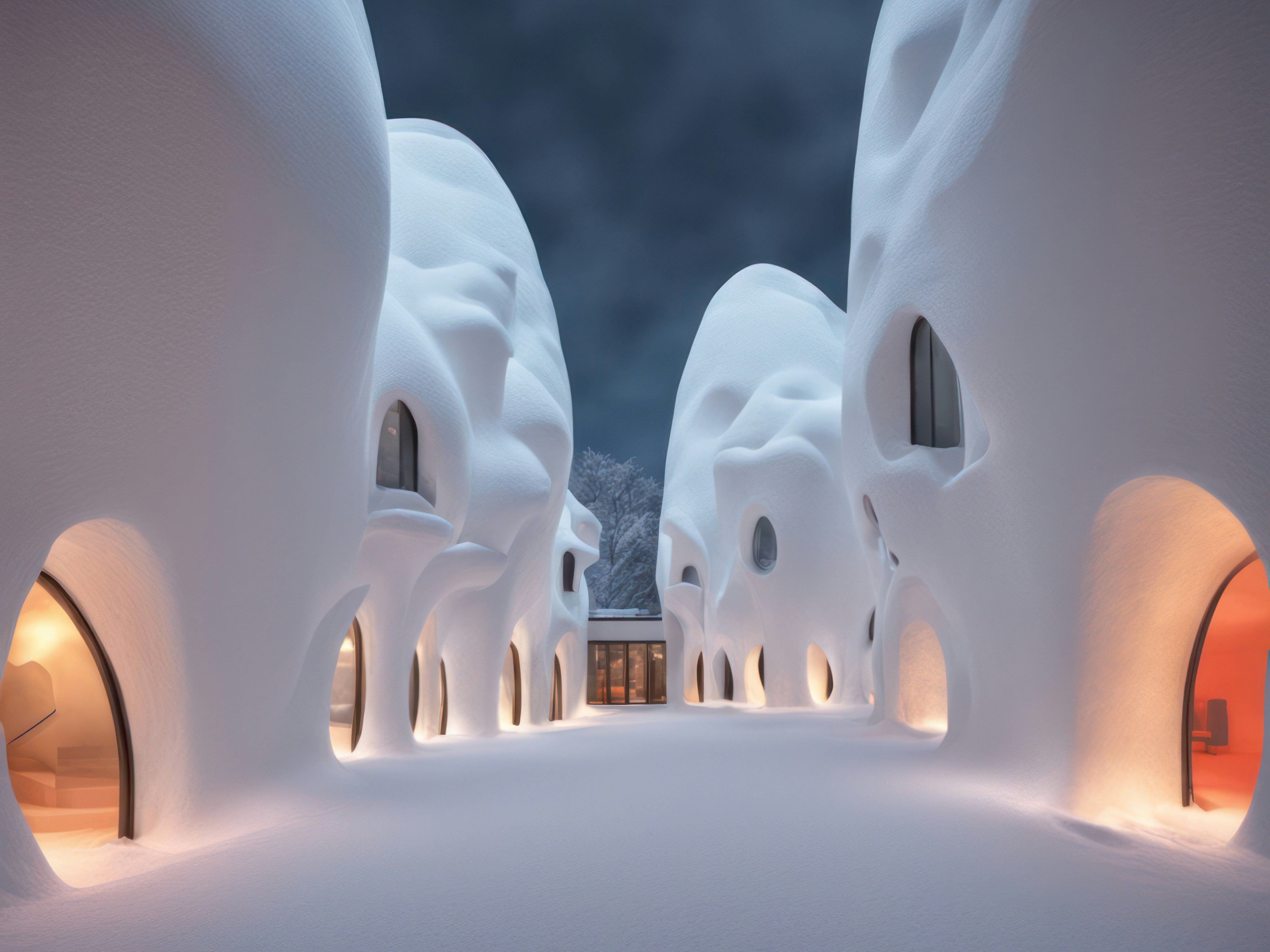 un edificio innevato con finestre ad arco di notte