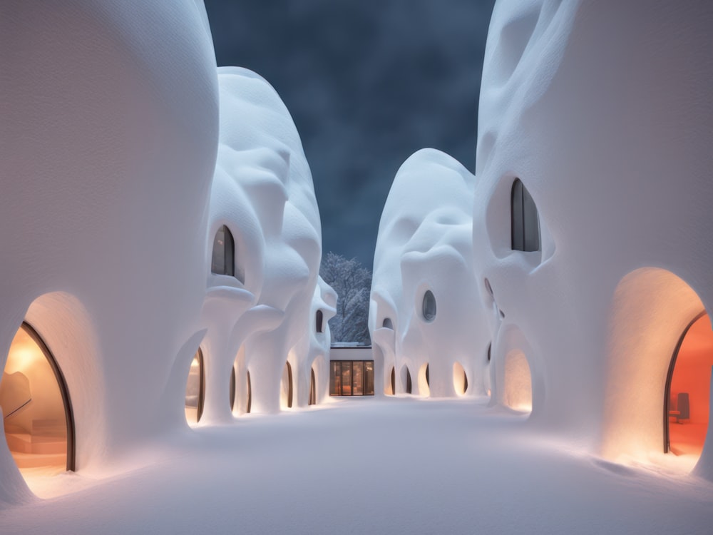 a snow covered building with arched windows at night