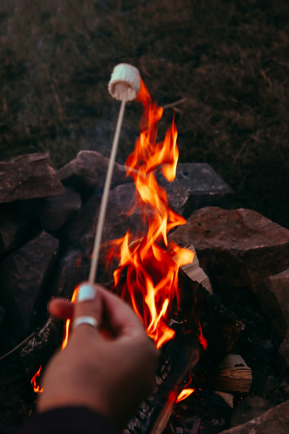 a person holding a stick over a fire