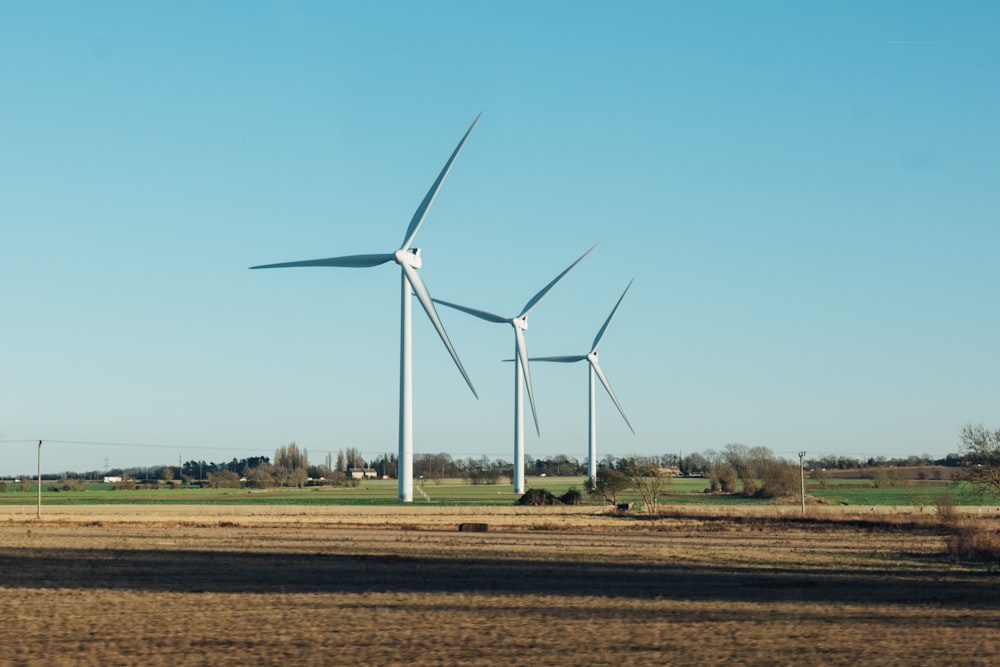 a row of wind turbines in a field