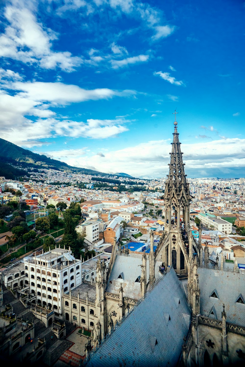 an aerial view of a cathedral in a city