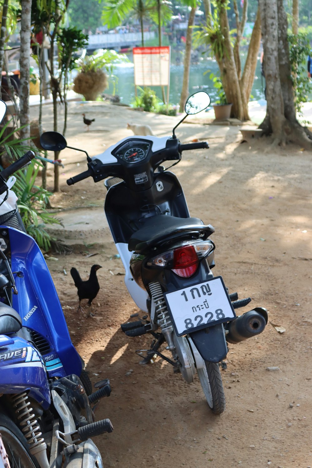 two motorcycles parked next to each other on a dirt road