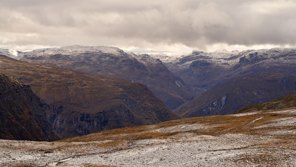 a mountain range with snow covered mountains in the distance