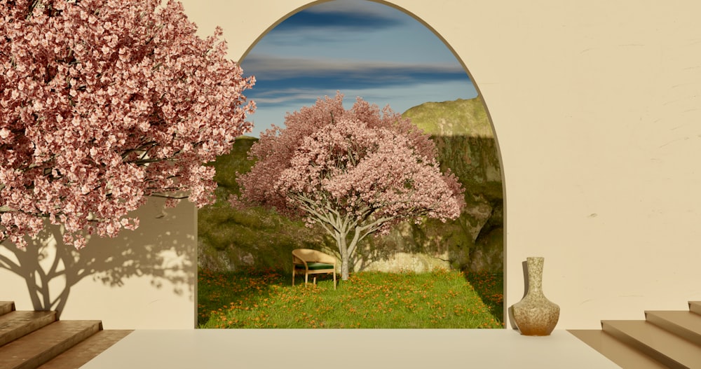 a painting of a tree and a bench in a garden