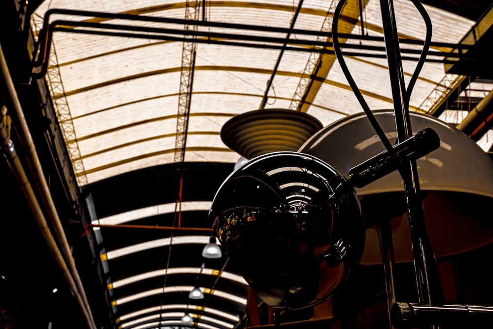 a view of the ceiling of a train station