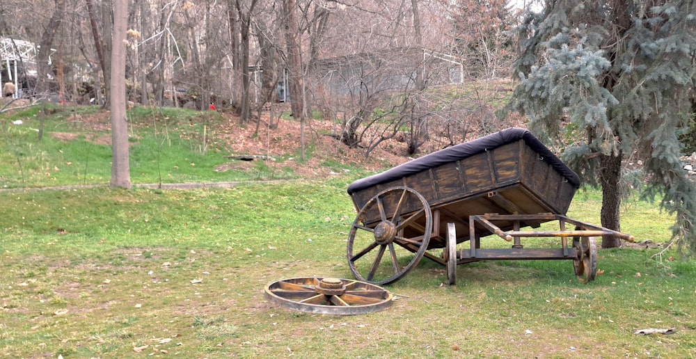 a horse drawn wagon sitting in the middle of a field