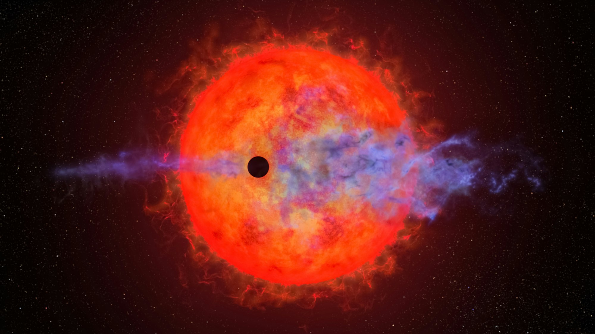 a black hole in the center of a red and blue star