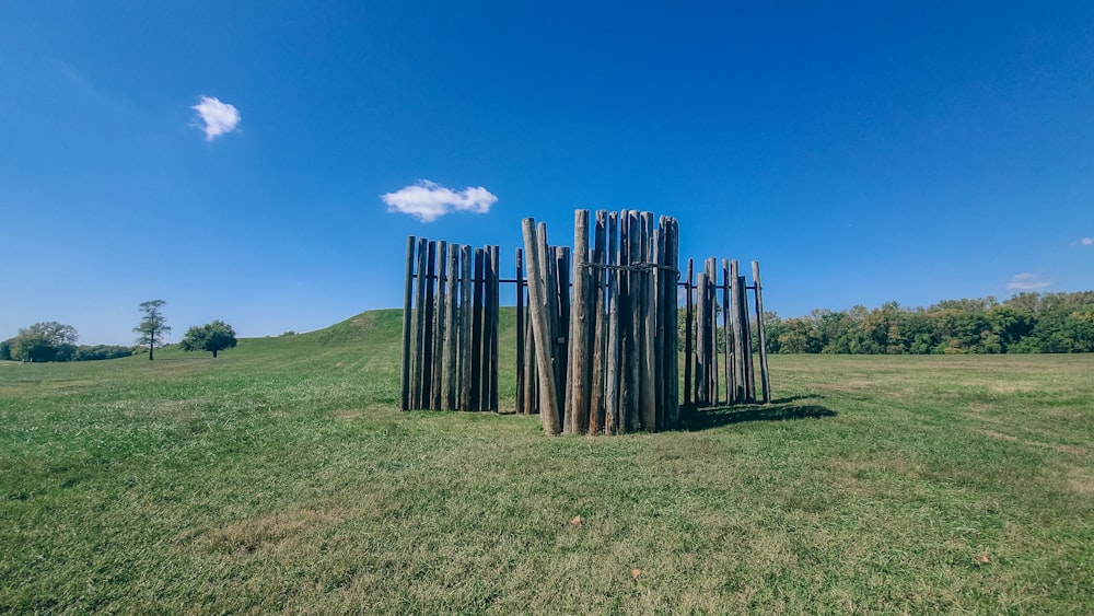 uma escultura feita de varas de madeira em um campo