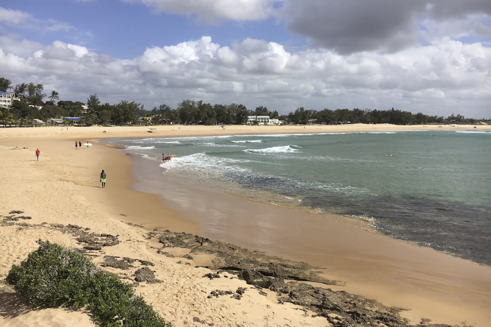 a sandy beach with people walking on it