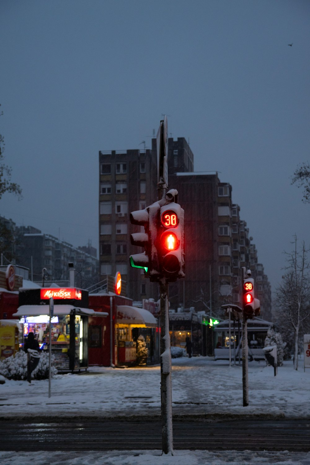 a traffic light on a pole in the snow