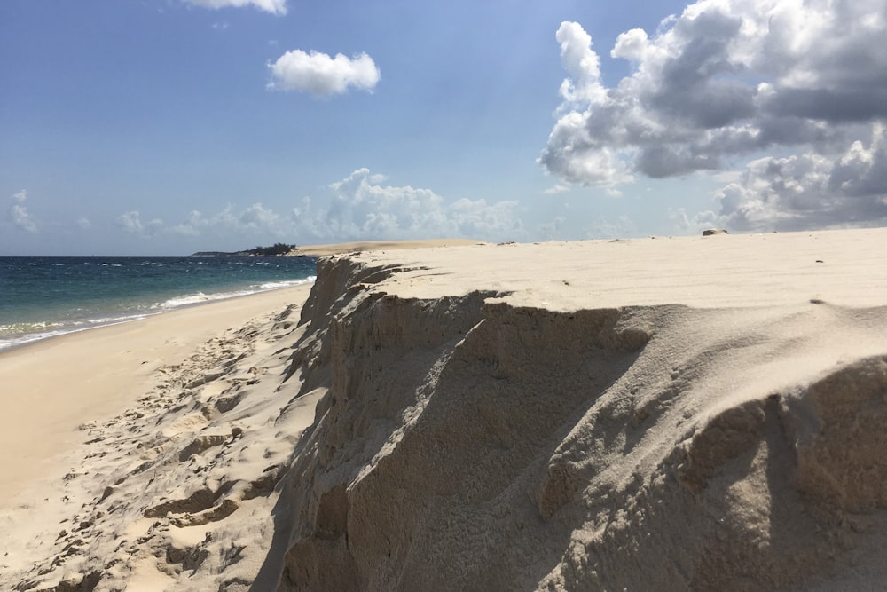 a sandy beach next to the ocean under a cloudy sky