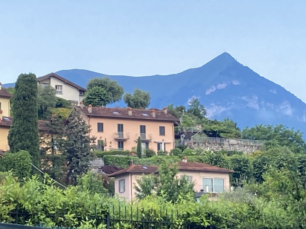 a row of houses on a hillside with mountains in the background