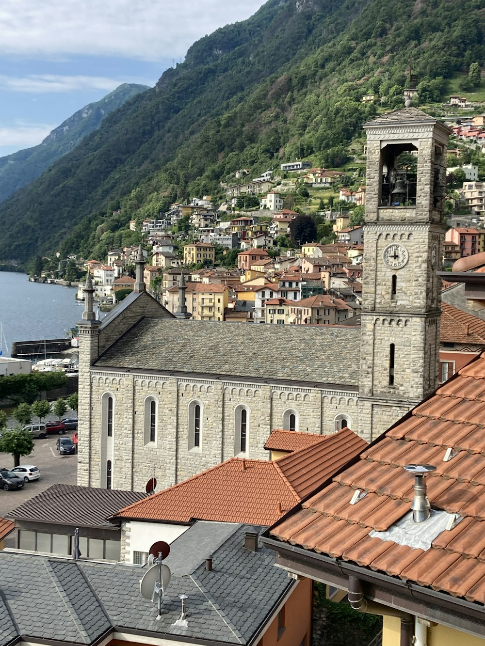 a view of a city with mountains in the background