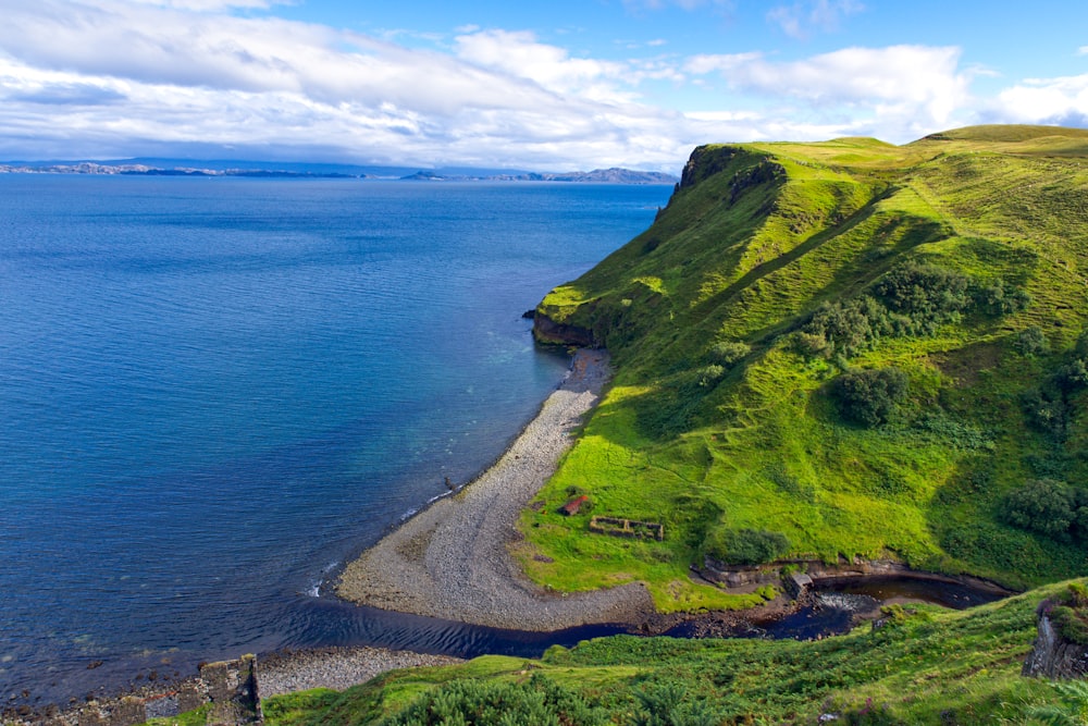 a large body of water sitting next to a lush green hillside