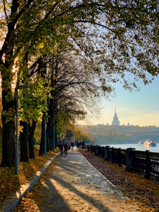 people walking down a path next to a river