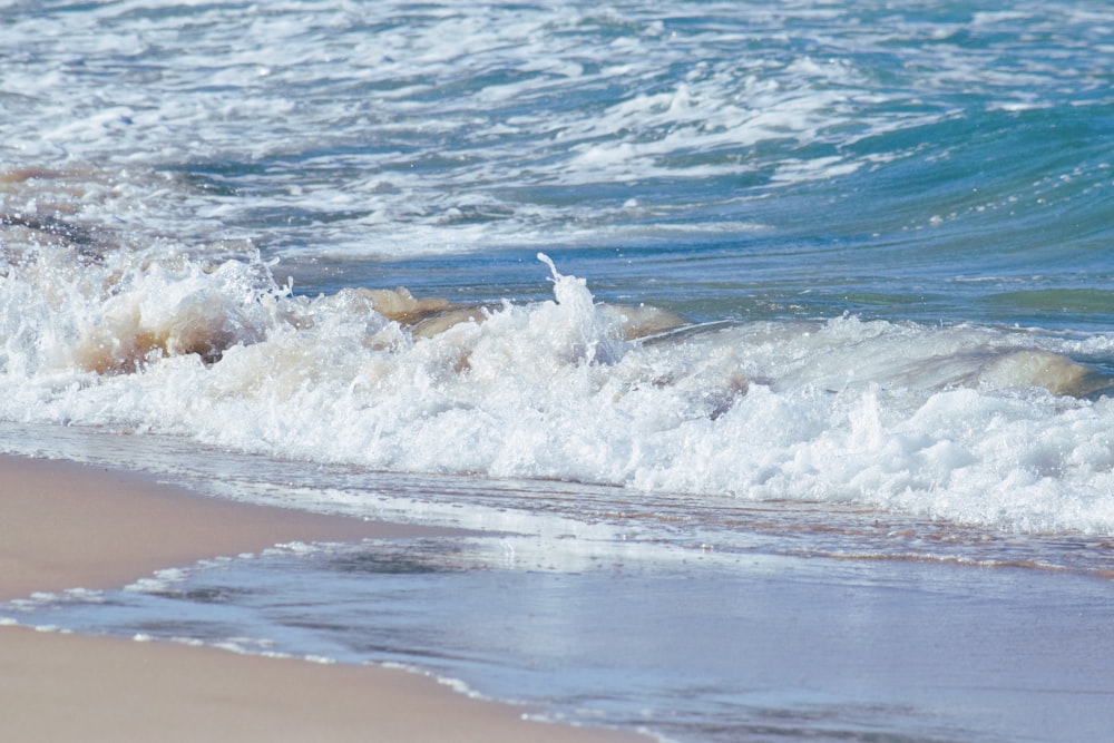 a wave rolls in on a sandy beach