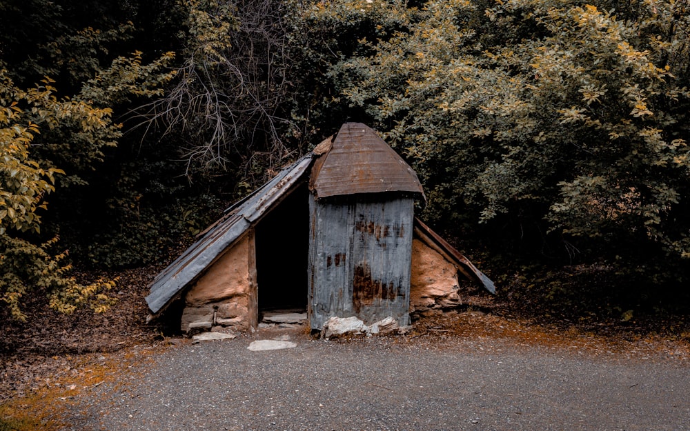 a rusted out building sitting in the middle of a forest