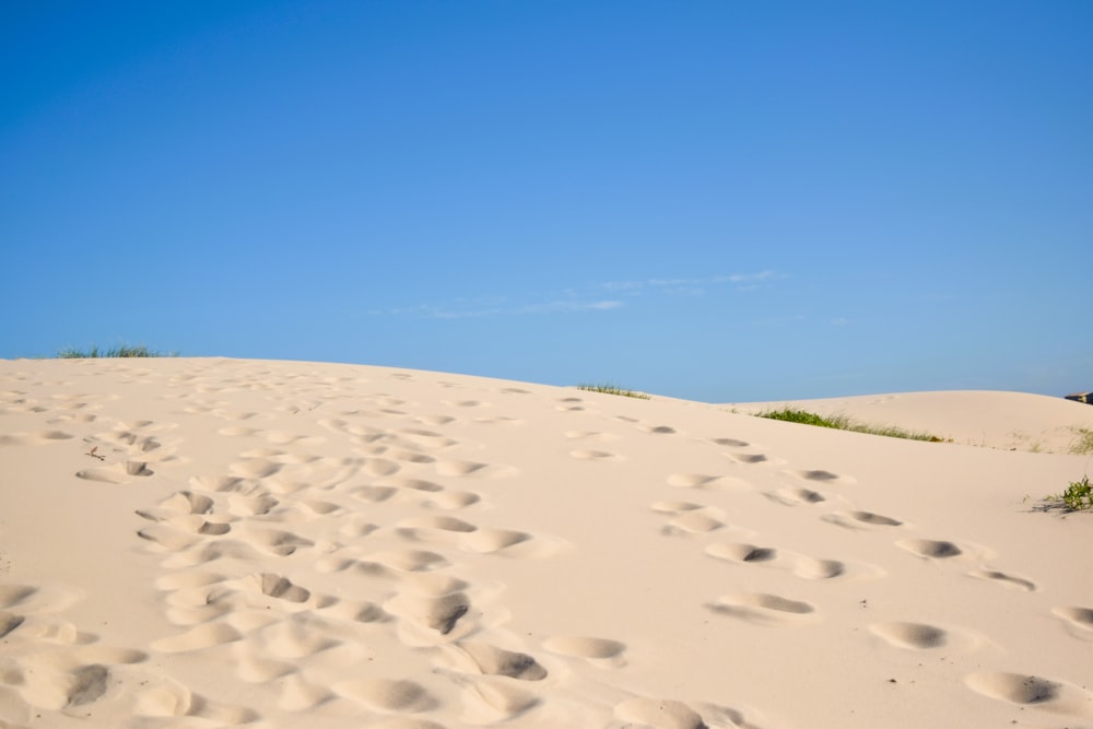 a sandy beach with footprints in the sand