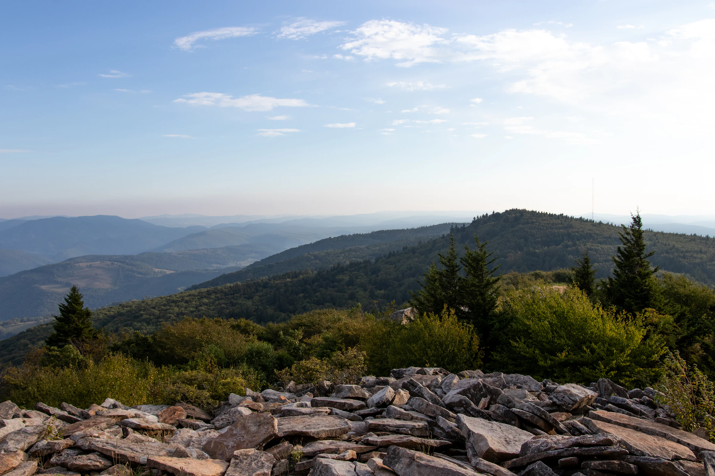 Rocky outcropping and forested ridge in the Appalachian highlands.
