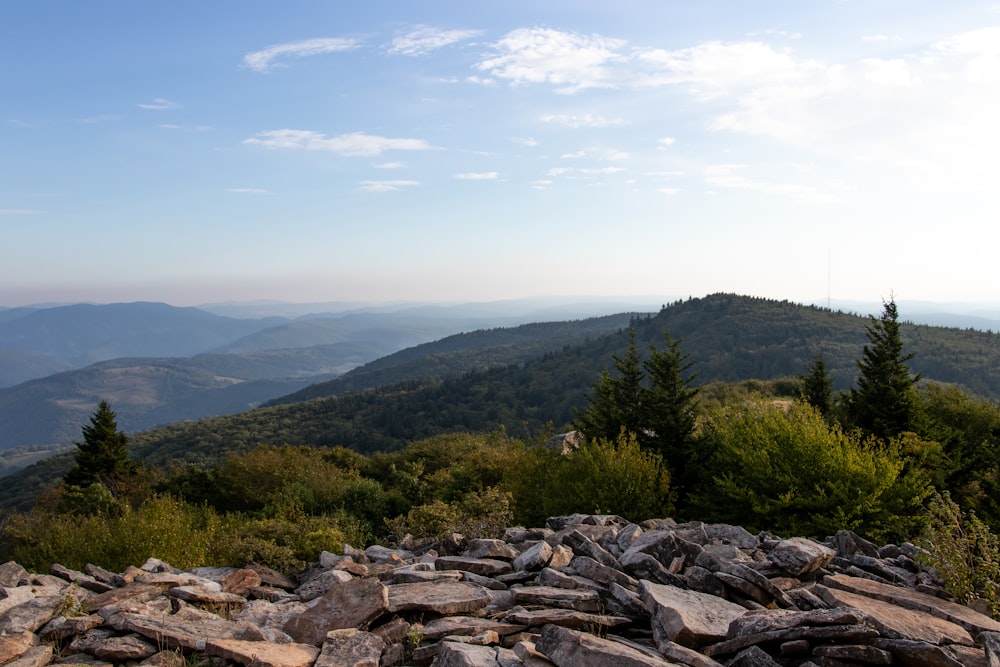 a view of a mountain range with rocks and trees