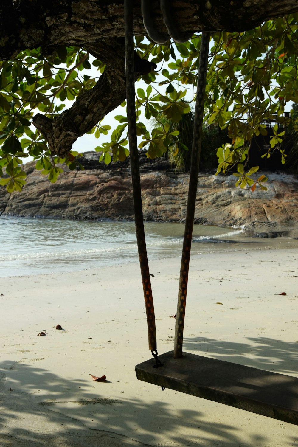 a bench sitting on top of a sandy beach