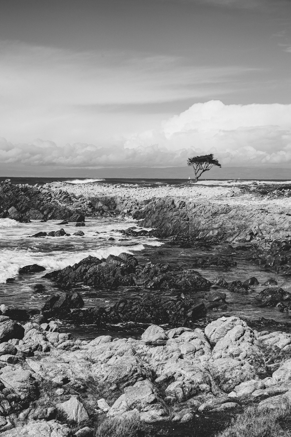 a black and white photo of a rocky beach