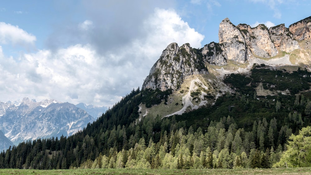 the mountains are covered with trees and clouds