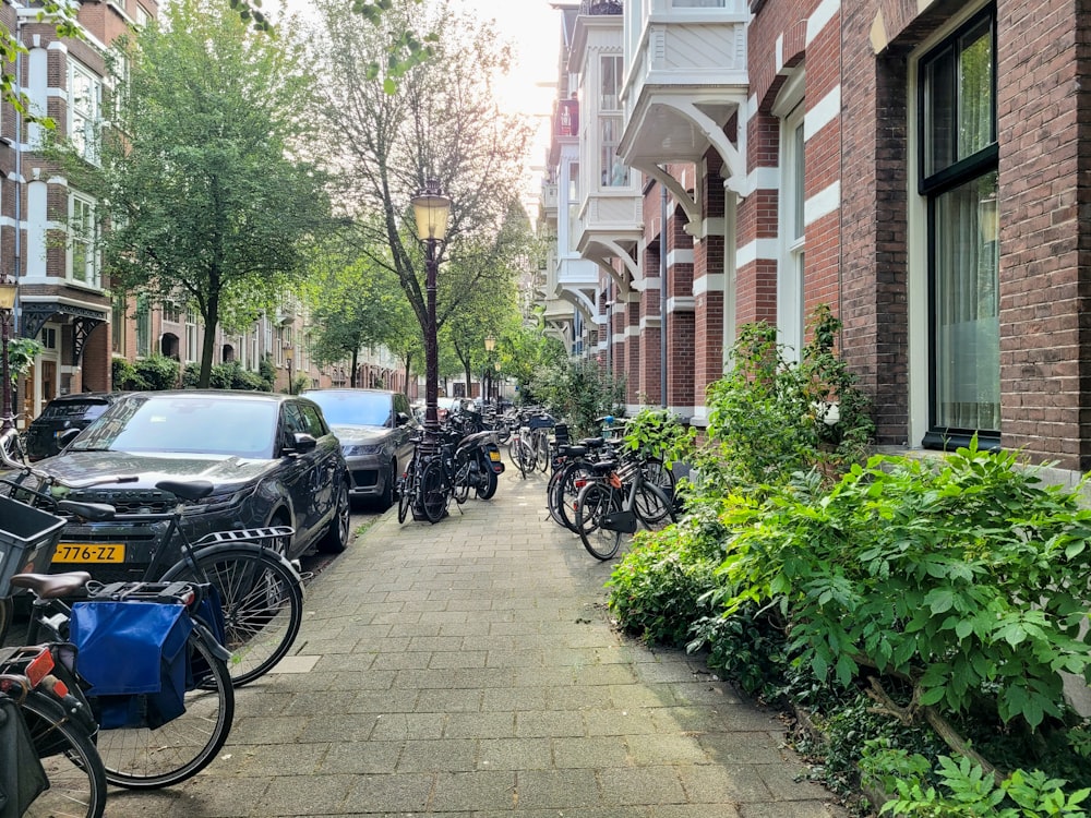 a street lined with parked bikes and parked cars