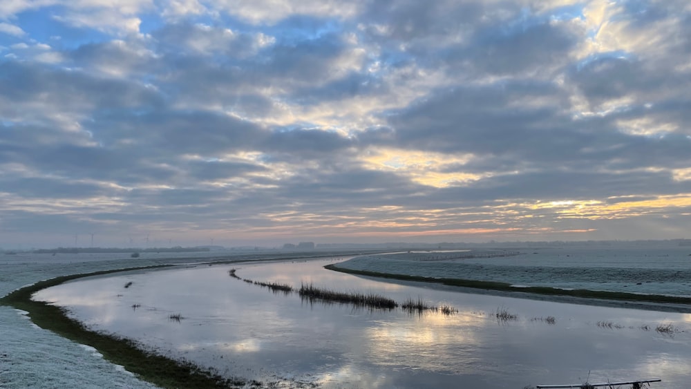 a body of water surrounded by land and clouds