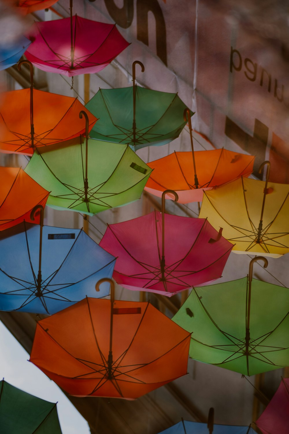 a bunch of colorful umbrellas hanging in a store window