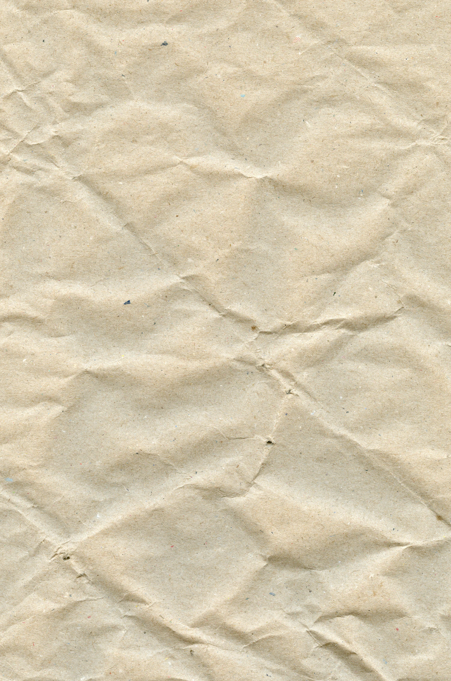A wide sheet of crumpled unbleached kraft paper lit from the side so every crease casts a shadow