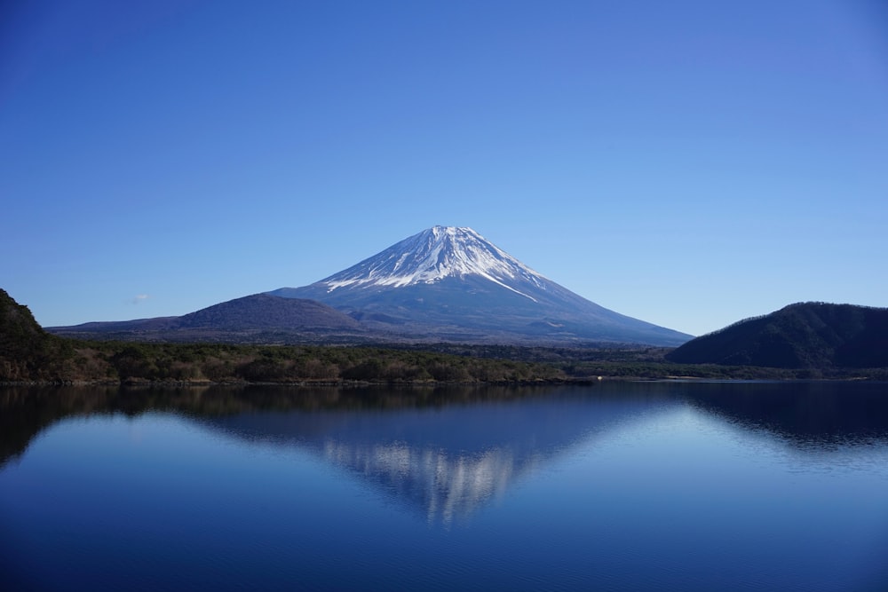 a mountain is reflected in the still water of a lake