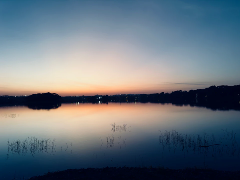 Serene lake with calm water reflecting vibrant sunset hues and surrounding tall trees