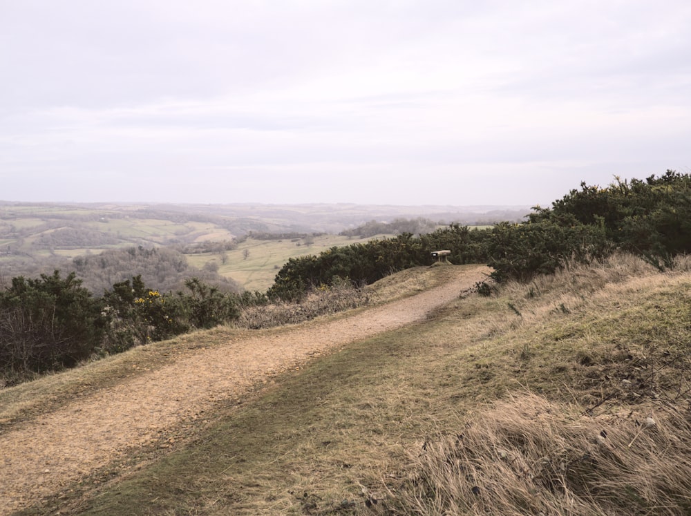 a dirt road going up a hill in the distance