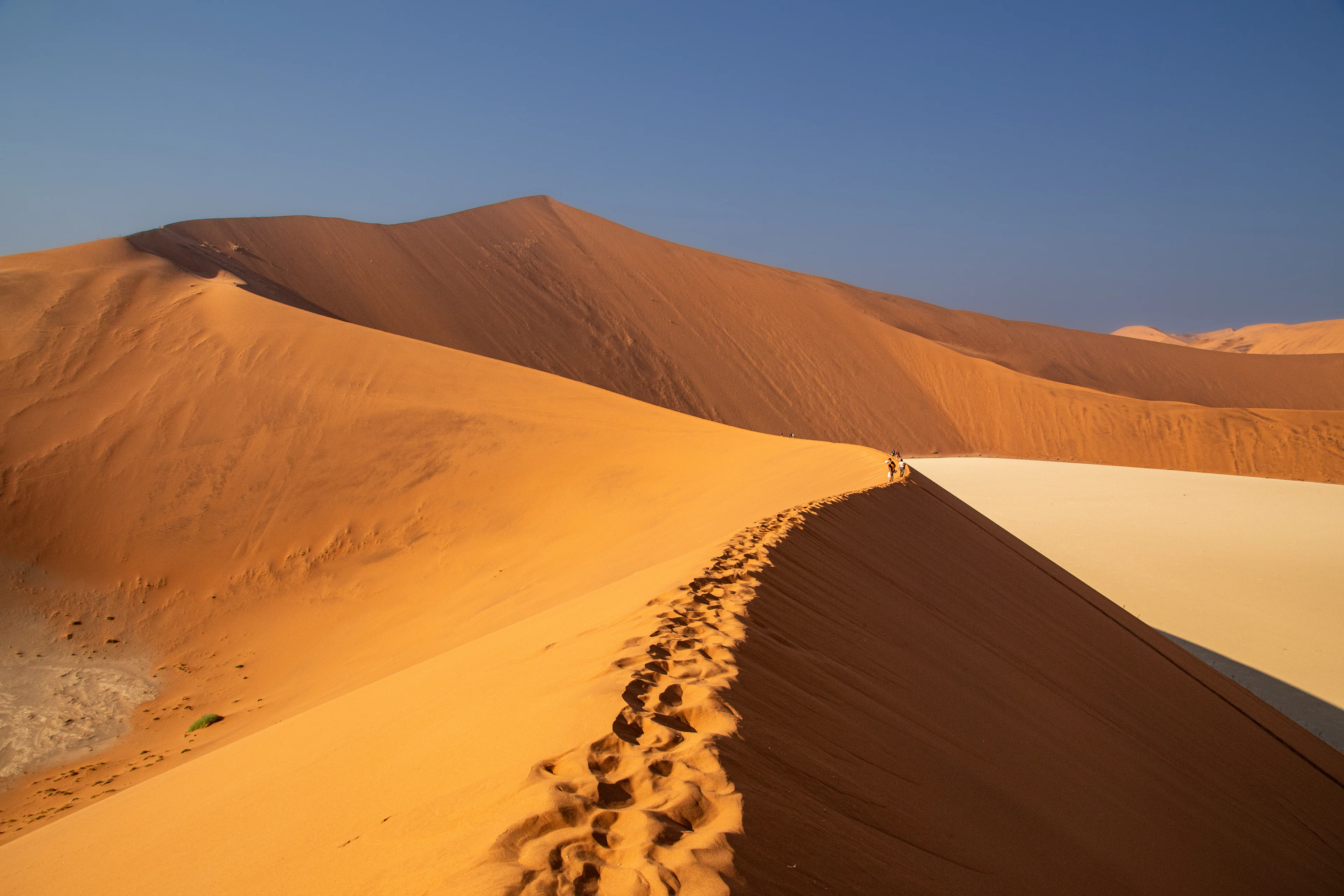 Footprints along the crest of an orange dune in morning light, Sossusvlei