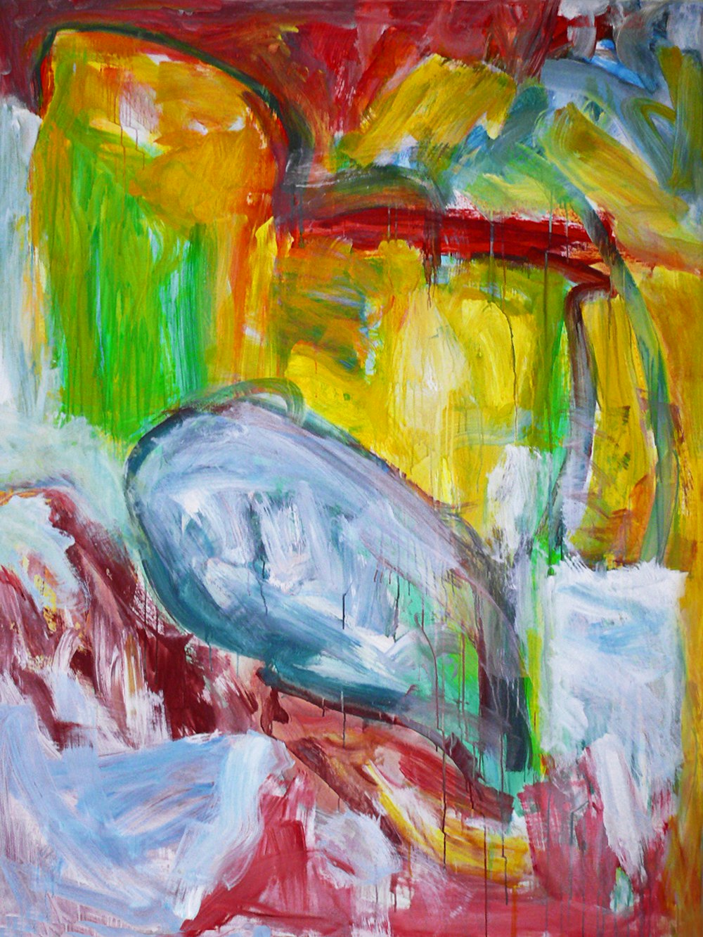 a painting of a boat on a red, yellow, and green background