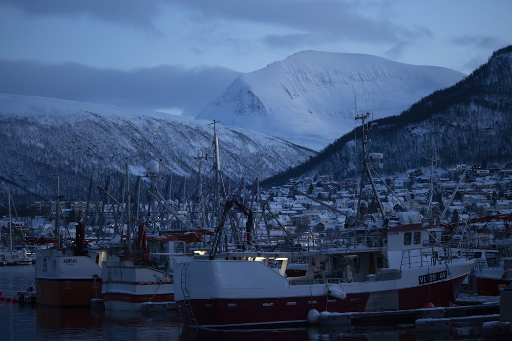 a group of boats sitting in a harbor next to a snow covered mountain