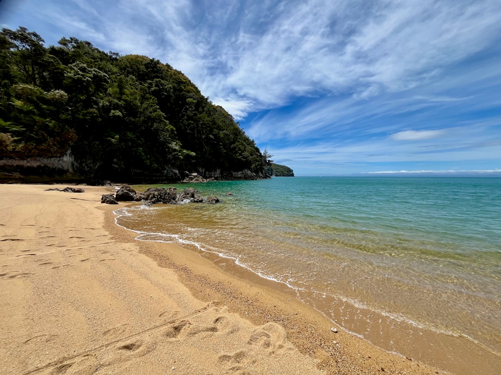 a sandy beach next to the ocean under a blue sky