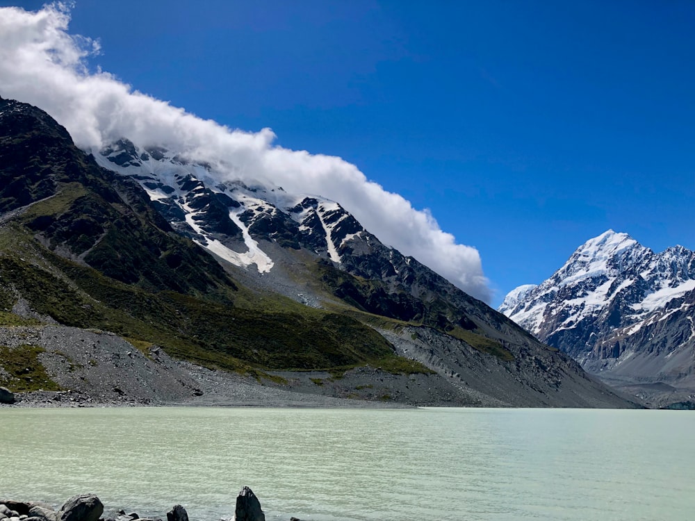 a mountain range with a body of water in the foreground