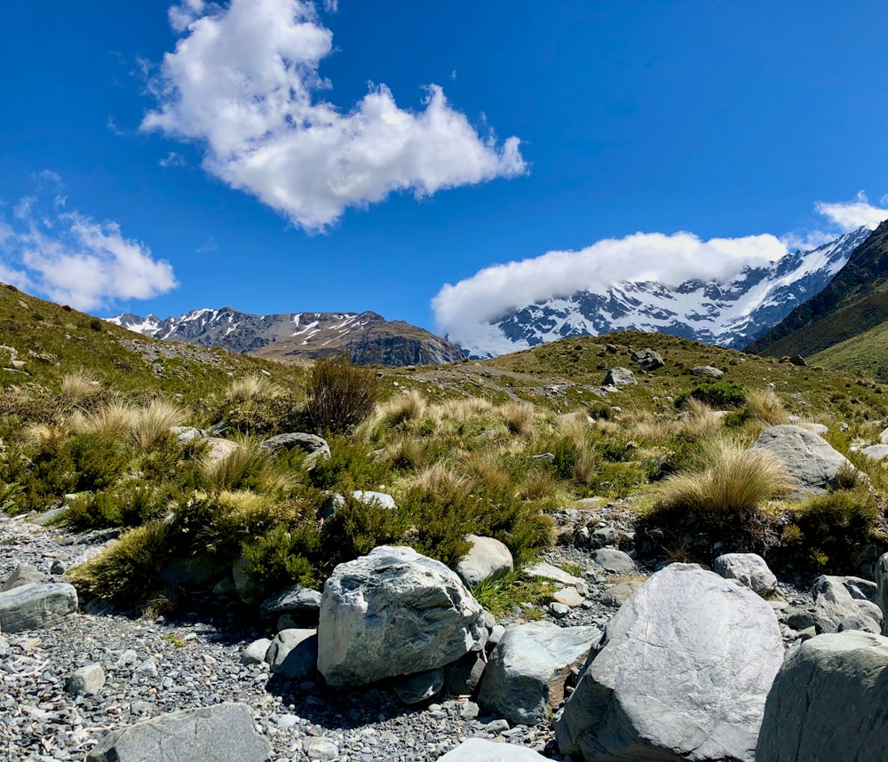 a rocky area with rocks and grass and mountains in the background