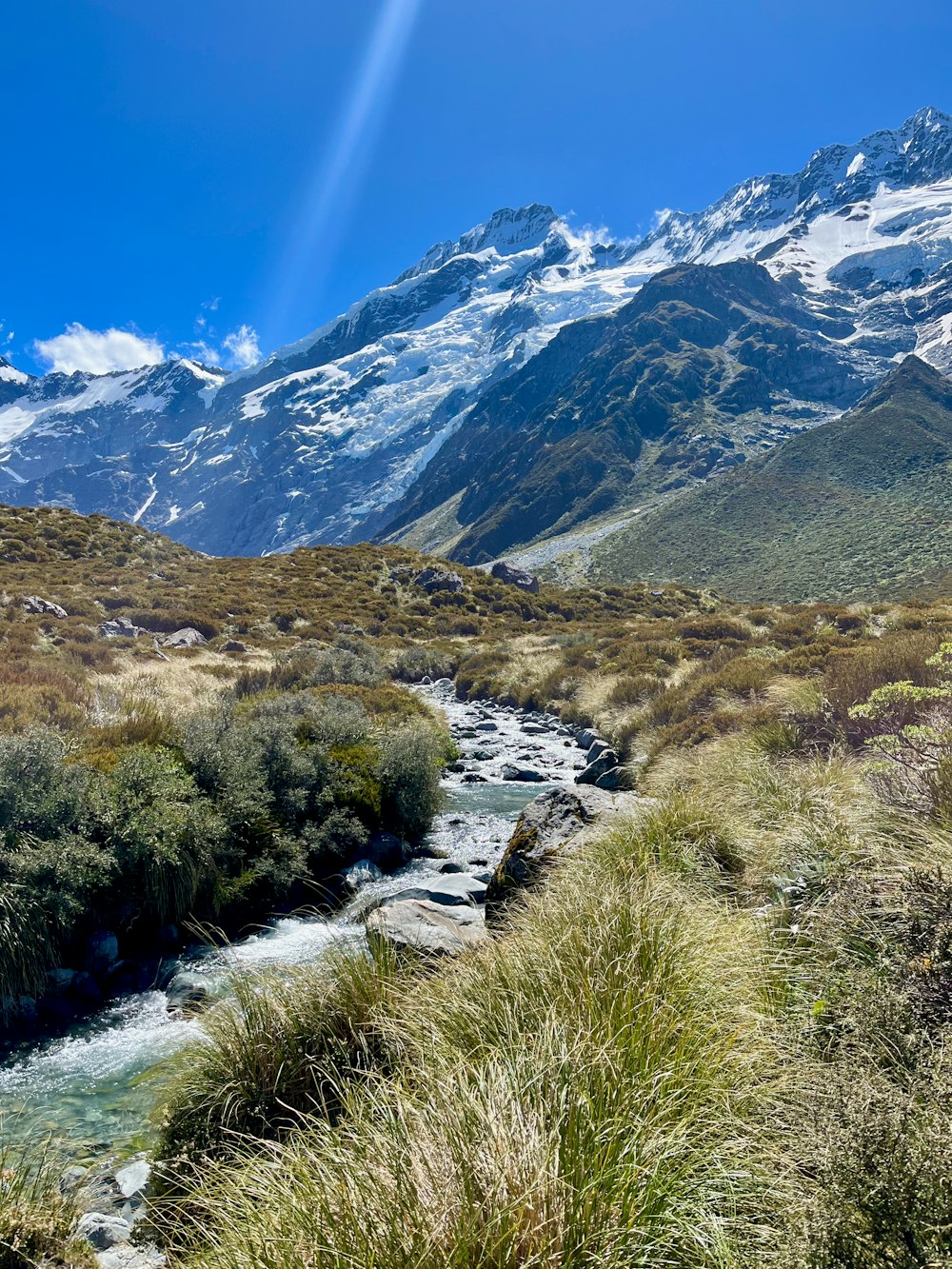 a stream running through a lush green valley