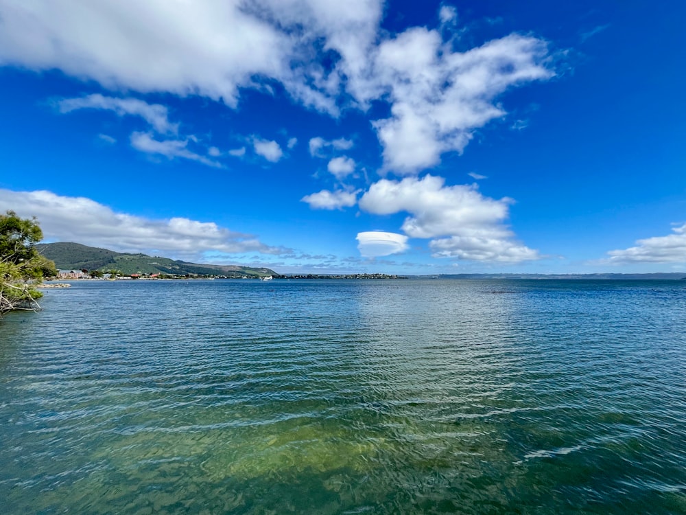 a body of water surrounded by trees and clouds