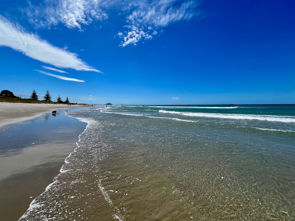 a sandy beach with waves coming in to shore