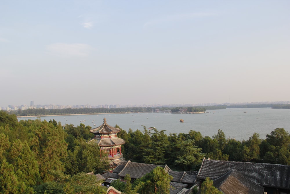 a large body of water surrounded by trees