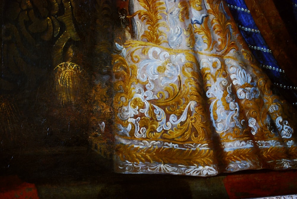 a close up of a painting of a curtain