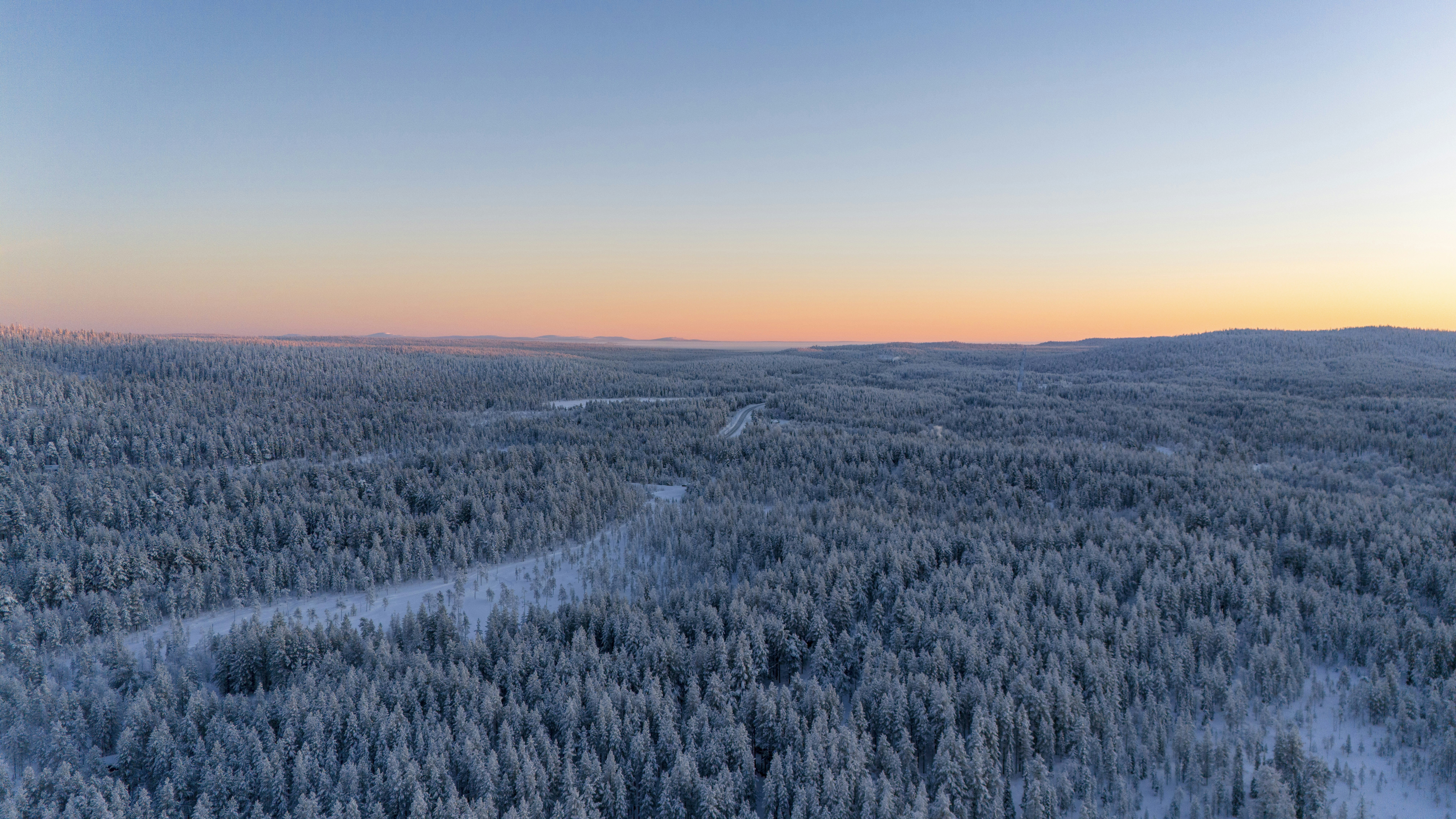 an aerial view of a snow covered forest