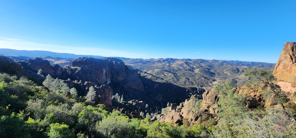 a scenic view of mountains and trees in the distance