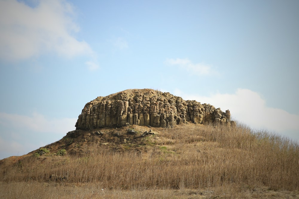 a rocky outcropping in the middle of a field